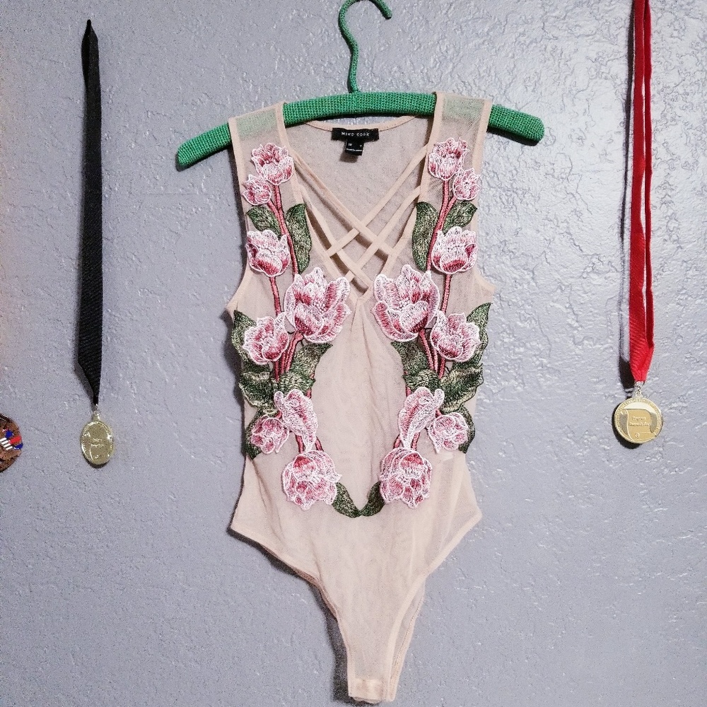 Flower Embroidery Tan Bodysuit